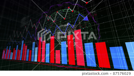 Image of financial data processing over globe on black background 87576029