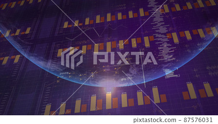Image of financial data processing over globe on black background 87576031