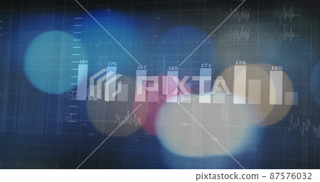 Image of financial data processing over light spots on black background Image of financial data processing over light spots on black background 87576032