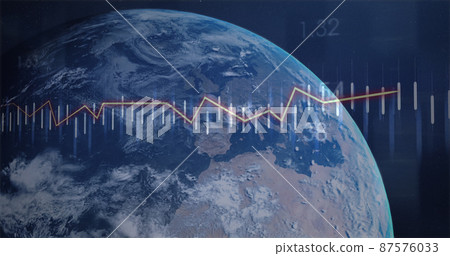 Image of financial data processing over globe on black background Image of financial data processing over globe on black background 87576033