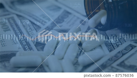 Image of financial data processing over dollars and pills on white background Image of financial data processing over dollars and pills on white background 87576036