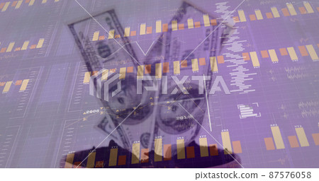 Image of financial data processing over dollars on white background 87576058