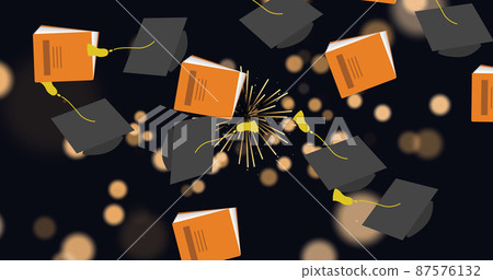 Image of graduation caps and books over fireworks and light spots on black background 87576132