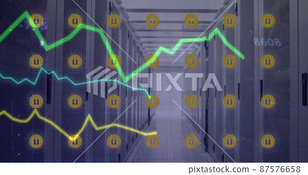 Image of lines processing with online security icons over computer servers Image of lines processing with online security icons over computer servers 87576658