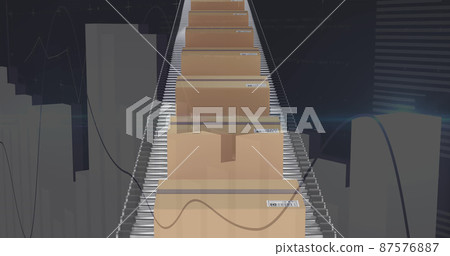 Image of statistics processing over cardboard boxes on conveyor belt on black background 87576887