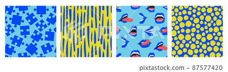 Set of vector seamless patterns in blue and yellow colors. Abstract backgrounds, dots, puzzles, lips and open mouths. Trendy designs for paper, cover, fabric, interior decor and other users. 87577420