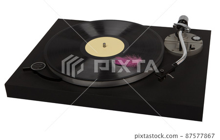 Turntable on a white background. Vintage black record player with vinyl disc. Turntable on a white background. Vintage black record player with vinyl disc. 87577867