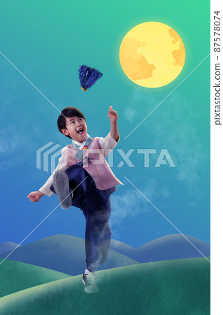 colorful Korea new year greeting poster with Korean child with Hanbok 87578074