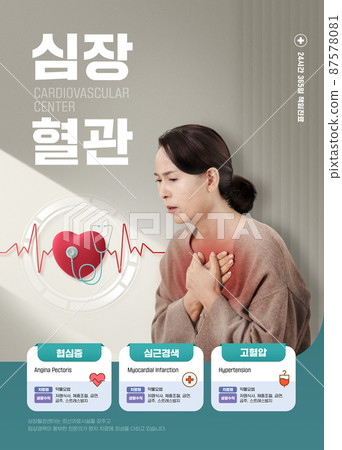 cardiovascular medical poster with a middle aged an asian woman feeling pain in the heart 87578081