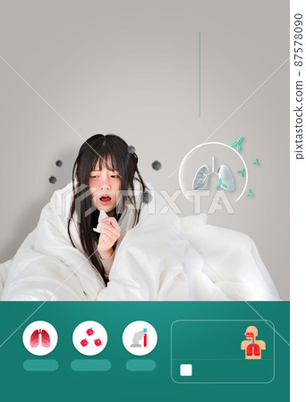 respiratory internal medicine medical poster with an asian woman coughing while covering her with a blanket respiratory internal medicine medical poster with an asian woman coughing while covering her with a blanket 87578090