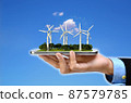 Wind Turbines Green Energy. Wind turbines plantation a smart phone . 3D Rendered image. 87579785