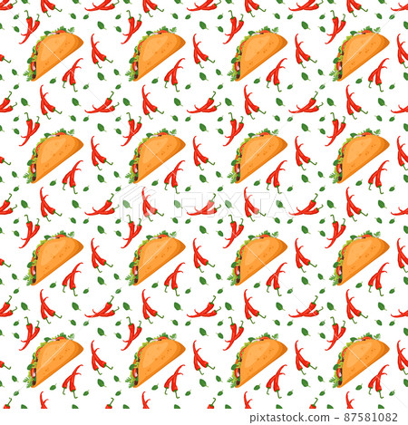 Seamless pattern with Mexican traditional taco food and hot peppers. Fast food print for restaurant, cafe and design on white background. Vector flat illustration 87581082