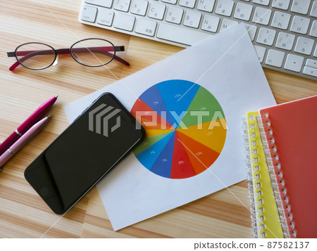 Business image of graphs, personal computers, glasses, smartphones, notebooks (female) 87582137