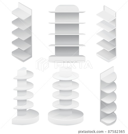 3D realistic supermarket product display shelves. Supermarket and stores 3D furniture. Product distribution equipment. Vector exhibition racking set 87582365