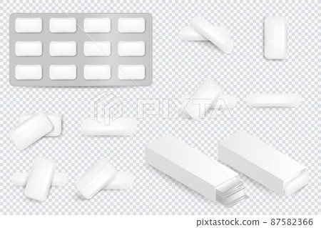 Set of realistic chewing gums isolated on dark background. Mint Bubblegum Realistic Set. Chewing gum mockups, stripes, tablets in blister pack and roll in container. 87582366