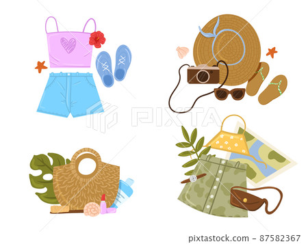 Tourist bag and accessories set. Collection of items for vacation or journey decorated by tropical leaves, shells and flowers isolated. Clothes, accessories, shoes and suitcase for tourism 87582367