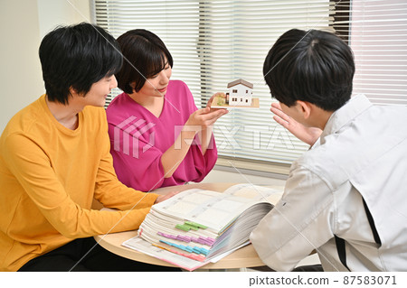 A couple and an employee having a meeting while looking at the architectural drawings at the office of a construction company A couple and an employee having a meeting while looking at the architectural drawings at the office of a construction company 87583071