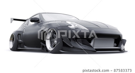 Black tuned sports racing car with arch extensions, air suspension and a huge spoiler. 3d rendering 87583373