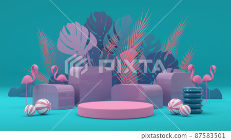 3d rendering box podium palm leaves with summer background. 3d rendering box podium palm leaves with summer background. 87583501