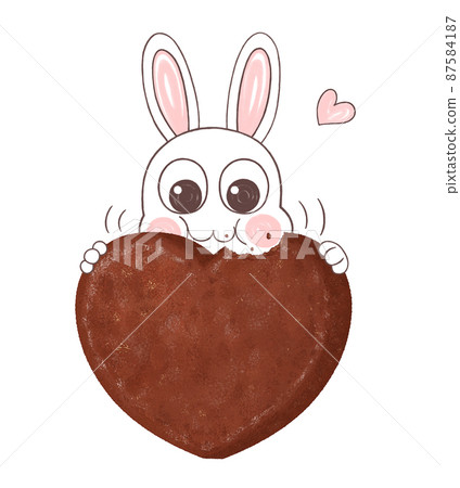 Illustration of a rabbit eating a heart-shaped cocoa die-cut cookie Illustration of a rabbit eating a heart-shaped cocoa die-cut cookie 87584187