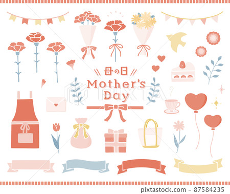 母親節插畫套裝康乃馨可愛媽媽花束絲帶裝飾裝飾禮物 87584235