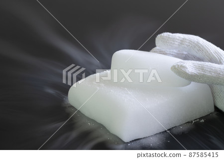 Wear gloves and touch dry ice [black background] 87585415