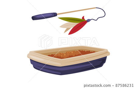Supplies for domestic animals set. Pet cat litter box, plastic animal toilet. Stick with feathers, toy for cats cartoon vector illustration Supplies for domestic animals set. Pet cat litter box, plastic animal toilet. Stick with feathers, toy for cats cartoon vector illustration 87586231