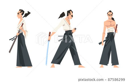 Samurai warriors set. Warlike asian fighters with swords cartoon vector illustration Samurai warriors set. Warlike asian fighters with swords cartoon vector illustration 87586299