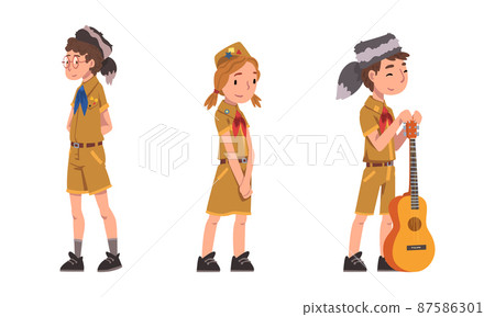 Scouting children set. Cute boy and girls in explorer outfit and coonskin cap cartoon vector illustration Scouting children set. Cute boy and girls in explorer outfit and coonskin cap cartoon vector illustration 87586301