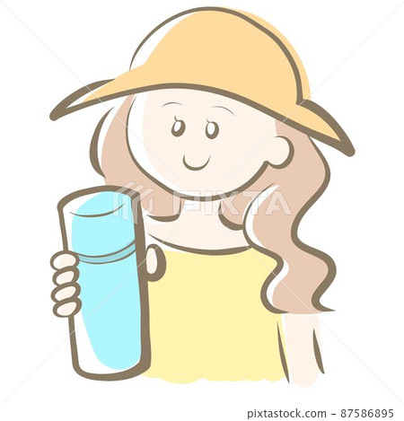 Illustration of a woman in a hat holding my bottle Illustration of a woman in a hat holding my bottle 87586895