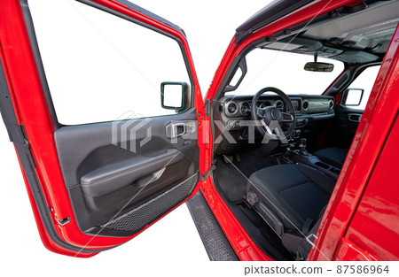 Open driver door in red offroad car Open driver door in red offroad car 87586964