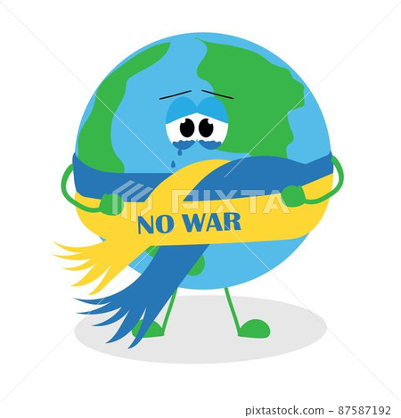Planet Earth in a scarf with the colors of the flag of Ukraine, crying because of the war. There is no war. Idea blue and yellow concept. Design for a postcard, banner, poster or template. Flat 87587192