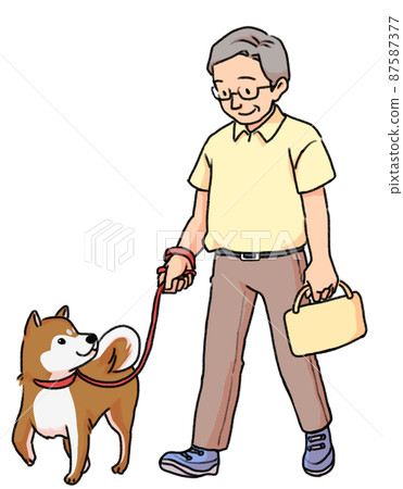 Grandpa and Shiba Inu staring at each other during the walk Grandpa and Shiba Inu staring at each other during the walk 87587377