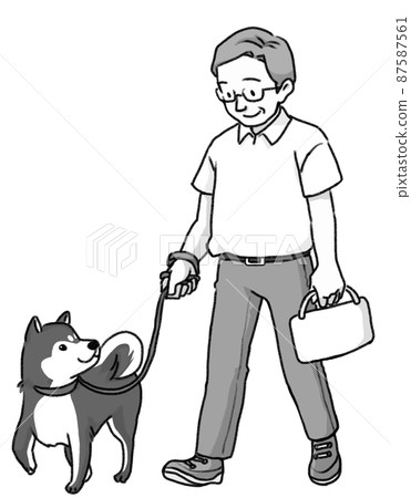 Handwritten black-and-white illustration of grandpa and Shiba inu staring at each other during a walk 87587561