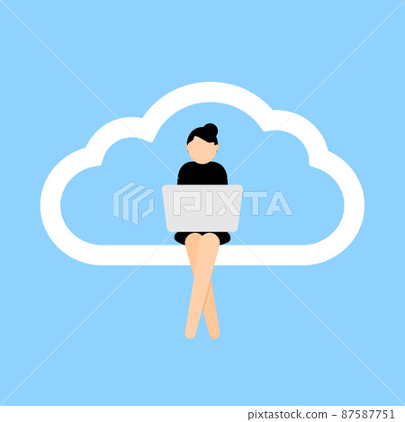 Icon of remote work communication global cloud access. Woman worker distant teamwork. Vector illustration Icon of remote work communication global cloud access. Woman worker distant teamwork. Vector illustration 87587751