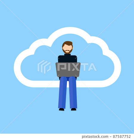 Icon of remote work communication global cloud access. Woman worker distant teamwork. Vector illustration 87587752