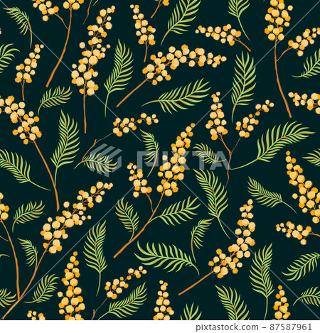 Mimosa yellow flower branches hand drawn vector seamless pattern. Vintage Romantic Spring Garden Bloom background. Retro floral print for Easter spring design.  Mimosa yellow flower branches hand drawn vector seamless pattern. Vintage Romantic Spring Garden Bloom background. Retro floral print for Easter spring design.  87587961