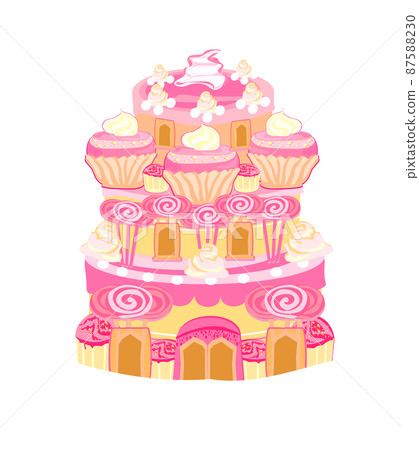 Multicolored cake castle art - isolated fairy tale illustration 87588230