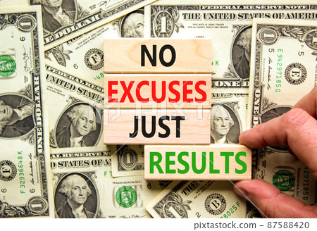 No excuses just results symbol. Concept words No excuses just results on blocks. Businessman hand. Beautiful background from dollar bills. No excuses just results business concept. Copy space. 87588420