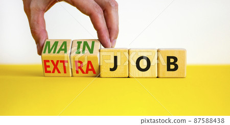 Extra or main job symbol. Businessman turns wooden cubes and changes concept words Extra job to Main job. Beautiful yellow table white background, copy space. Business extra or main job concept. 87588438