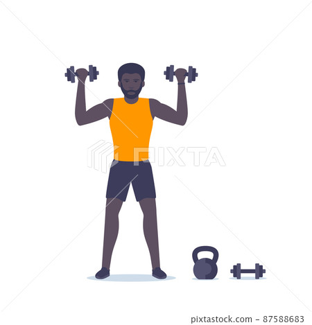 Man training shoulders, workout with dumbbells Man training shoulders, workout with dumbbells 87588683