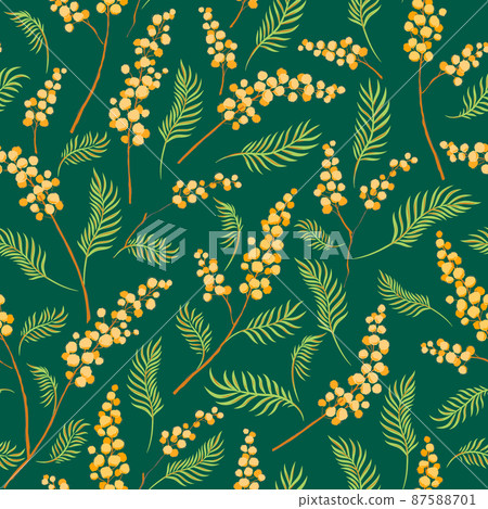 Mimosa yellow flower branches hand drawn vector seamless pattern. Vintage Romantic Spring Garden Bloom background. Retro floral print for Easter spring design.  87588701