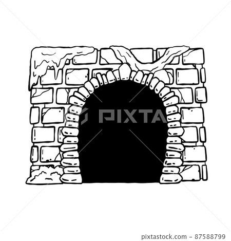 Door of castle. Entrance to fairy tale fortress or stone medieval old wall. Wooden open doorway. Cartoon hand drawn black and white illustration 87588799