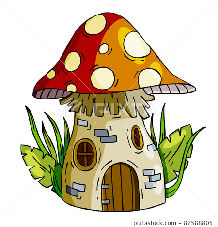 Mushroom house. Fairy tale children drawing. Fabulous natural dwelling. Cute cartoon illustration 87588805