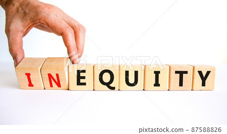 Inequity or equity symbol. Businessman turns wooden cubes and changes the word inequity to equity. Business and inequity or equity concept. Beautiful white background, copy space. Inequity or equity symbol. Businessman turns wooden cubes and changes the word inequity to equity. Business and inequity or equity concept. Beautiful white background, copy space. 87588826