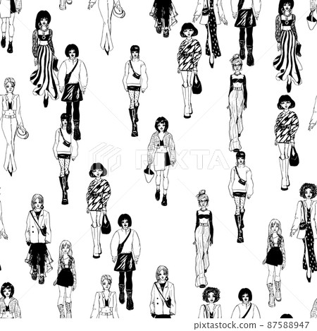 Seamless pattern. Women in trendy clothes. Defile sketch. Seamless pattern. Women in trendy clothes. Defile sketch. 87588947