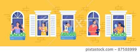 Outer wall of house with neighbors and dog at windows. Happy men and women look out of apartments reading, take photo, chatting with phone, hugging, holding child. Stay home, daily routine activity 87588999