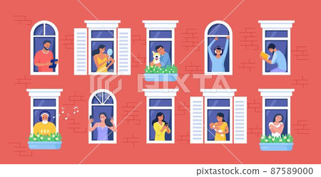 Outer wall of house with neighbors and dog at windows. Happy men and women look out of apartments reading, take photo, chatting with phone, hugging, listening music. Stay home, daily routine activity 87589000