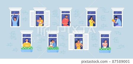 Outer wall of house with neighbors and dog at windows. Happy men and women look out of apartments reading, take photo, chatting with phone, hugging, listening music. Stay home, daily routine activity 87589001