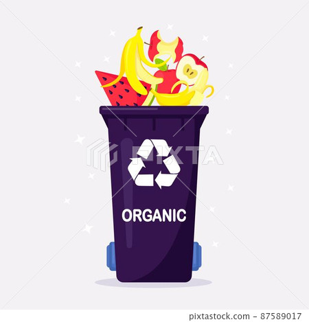 Trash can with organic waste suitable for recycling. Segregate waste, sorting garbage, waste management. Food waste in organic bin 87589017